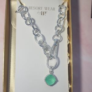 Resort Wear Silver Chain Necklace with Green Pendant
